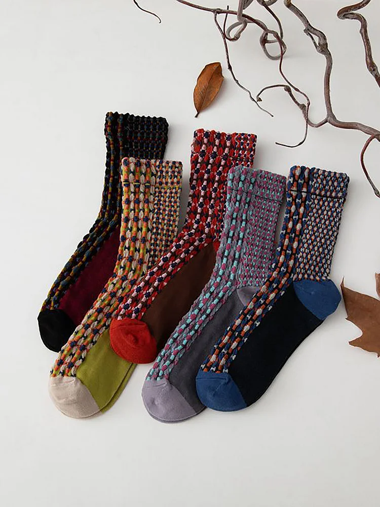 5 Pairs England Style Vintage Jacquard Socks