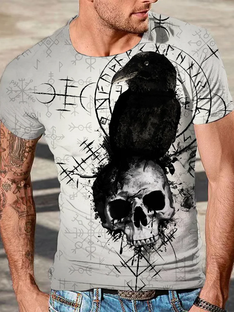 BrosWear Men's Raven & Skull Viking Vegvisir Casual T Shirt