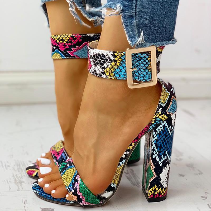 Women summer colorful open toe buckle chunky high heels