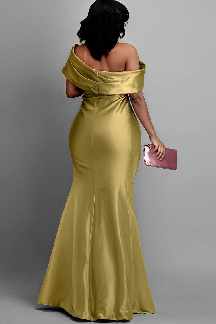 Xpluswear Design Plus Size Formal Green Off The Shoulder Short Sleeve Fold Elegant Satin Maxi Dresses [Pre-Order]