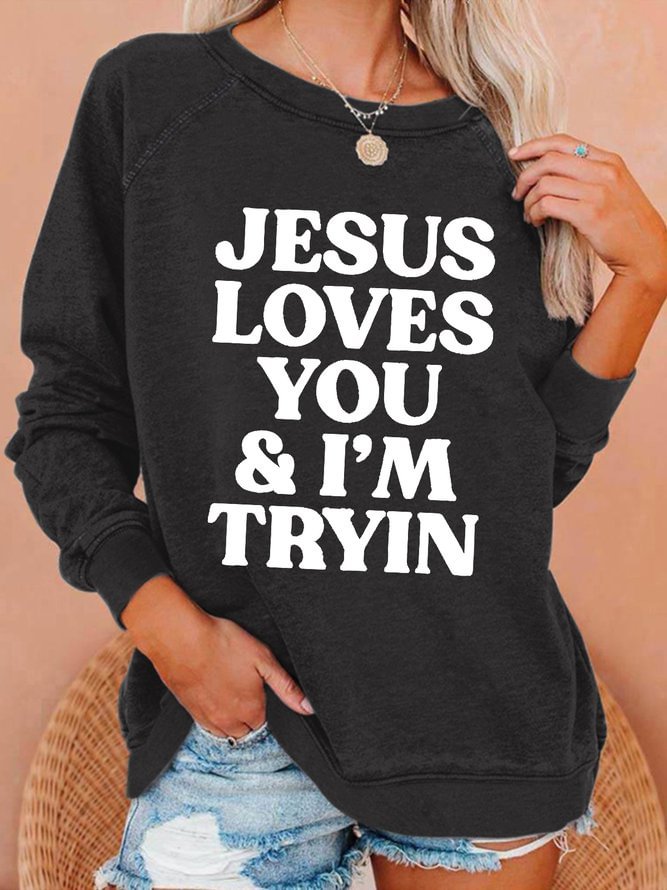 Women's Jesus Loves You I Am Tryin Christmas Graphics Printed Text Letters Casual Sweatshirts