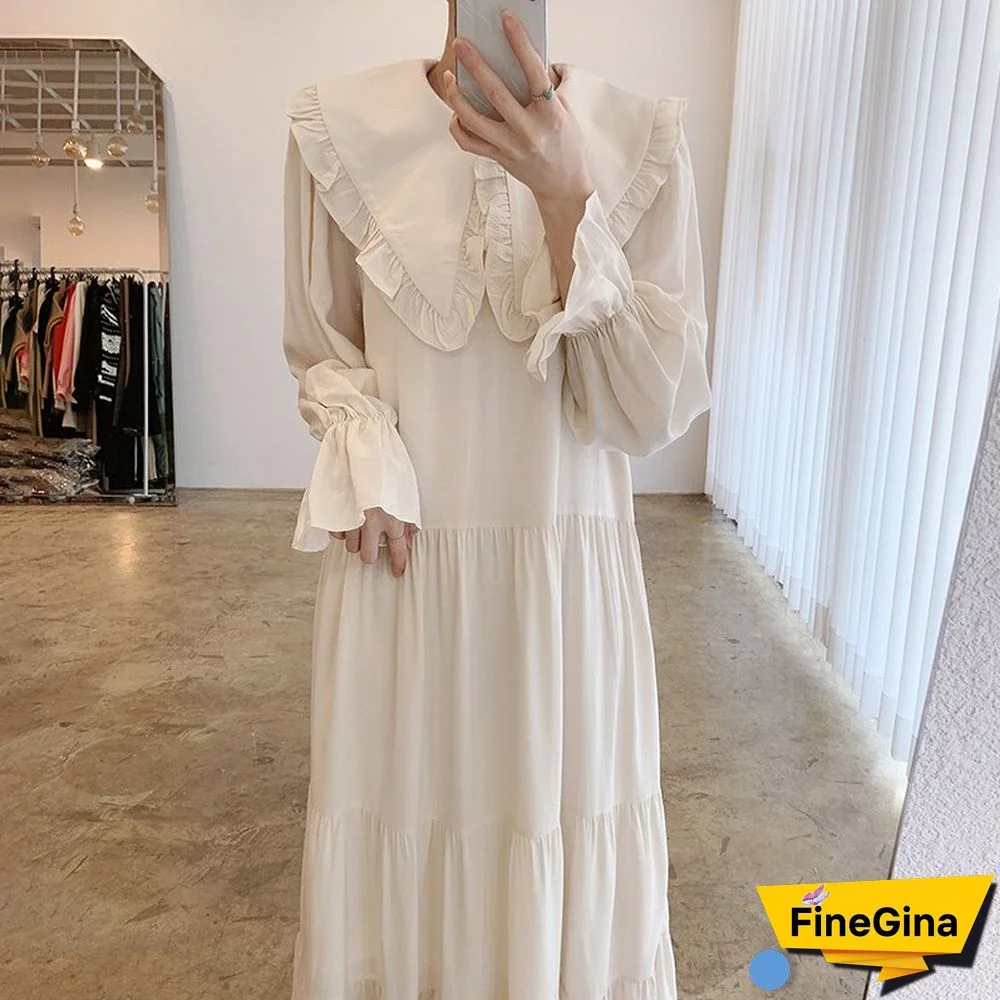spring new peter pan collar cascading ruffles termperament long dress solid formal seaside robe all-match spring stylish