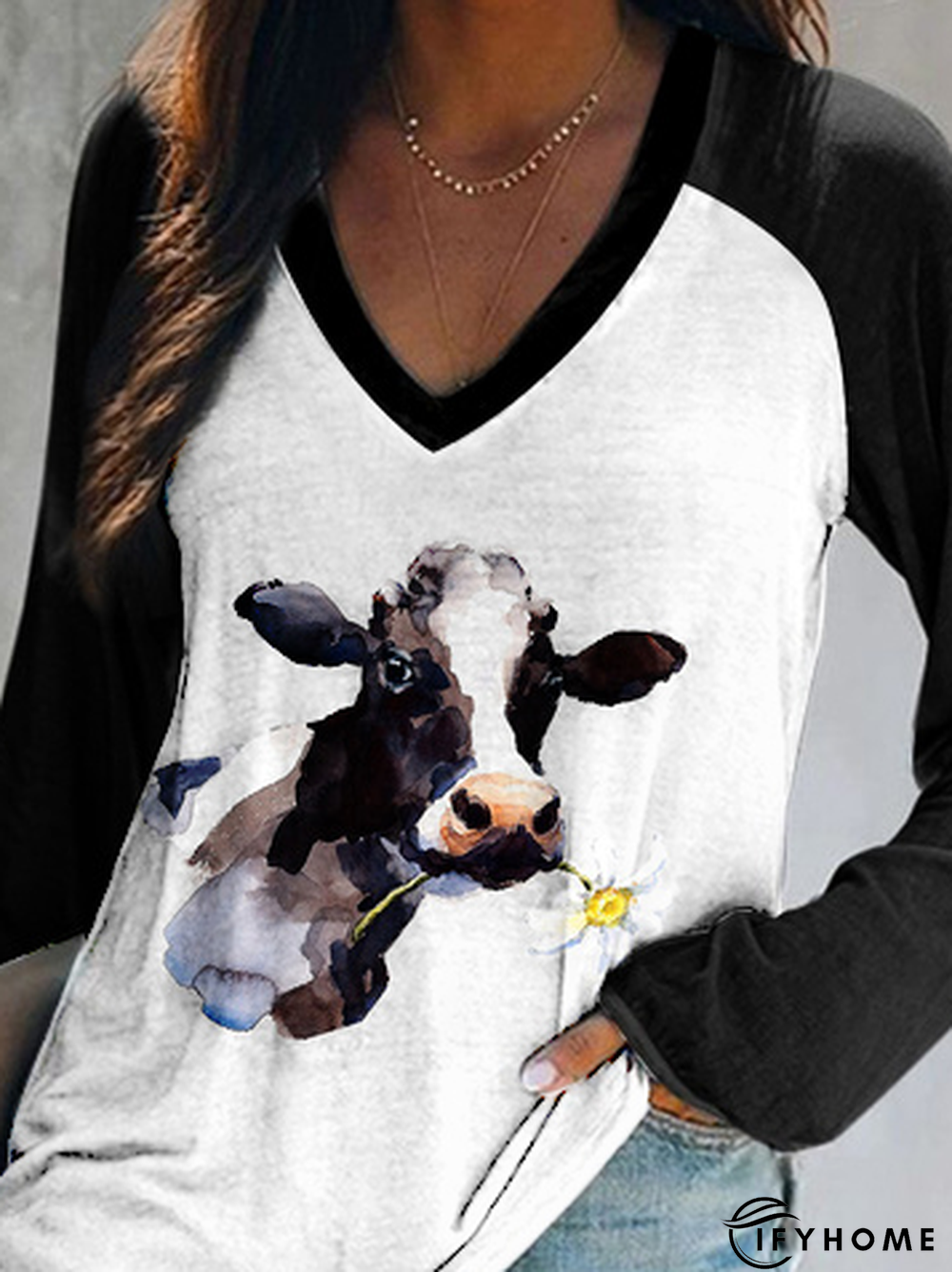 V Neck Animal Regular Fit Cow Long Sleeve T-shirt | IFYHOME