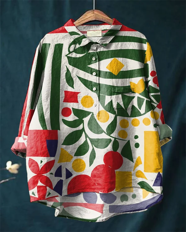 Vintage Abstract Art Print Cotton and Linen Shirt