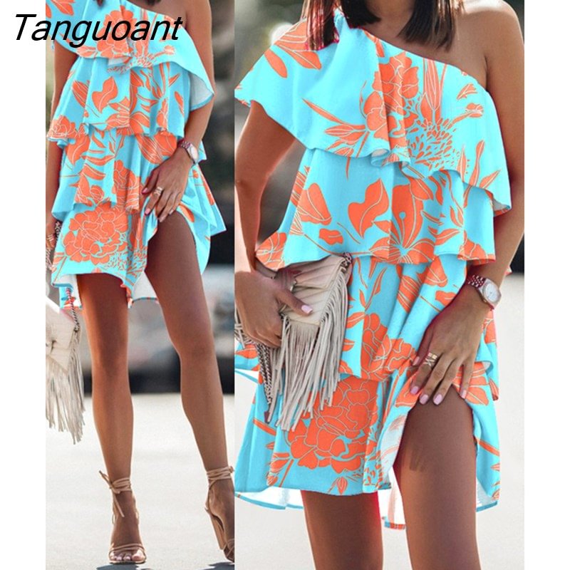 Tanguoant Ruffle Boho Print Cupcake Dress Women Sexy Diagonal Collar One-shoulder Loose Mini Dress 2022 Lady Elegant Party Dresses