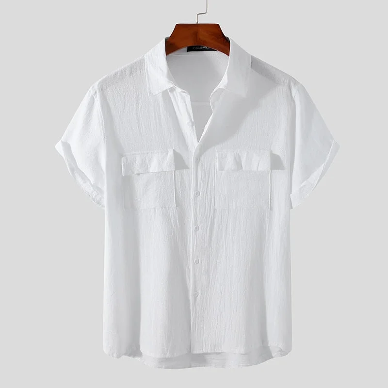 2021 Men Shirt Cotton Solid Color Vintage Lapel Short Sleeve Pockets Camisas Streetwear Casual Mens Clothing Harajuku INCERUN 7