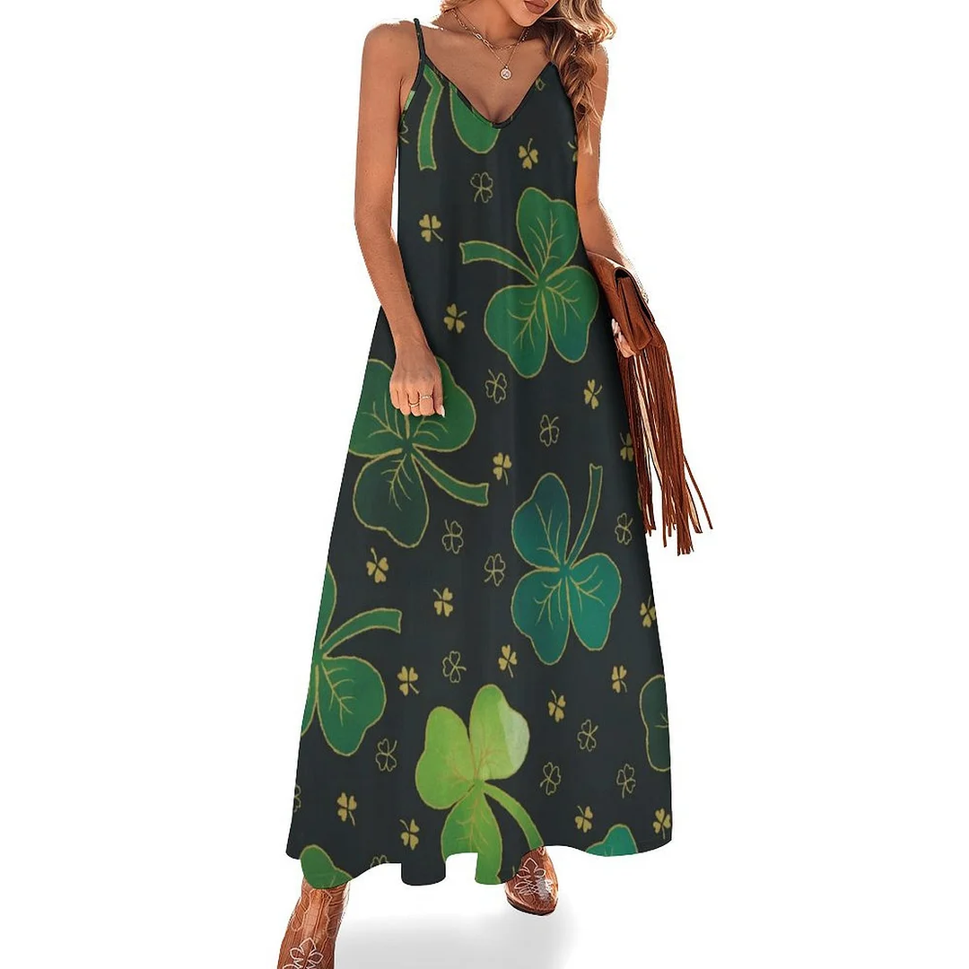 Style & Comfort for Mature Women Plus Size Printed Sling Casual Women Maxi Dress in Pattern St. Patrick's Day, Green, Clover, Lucky