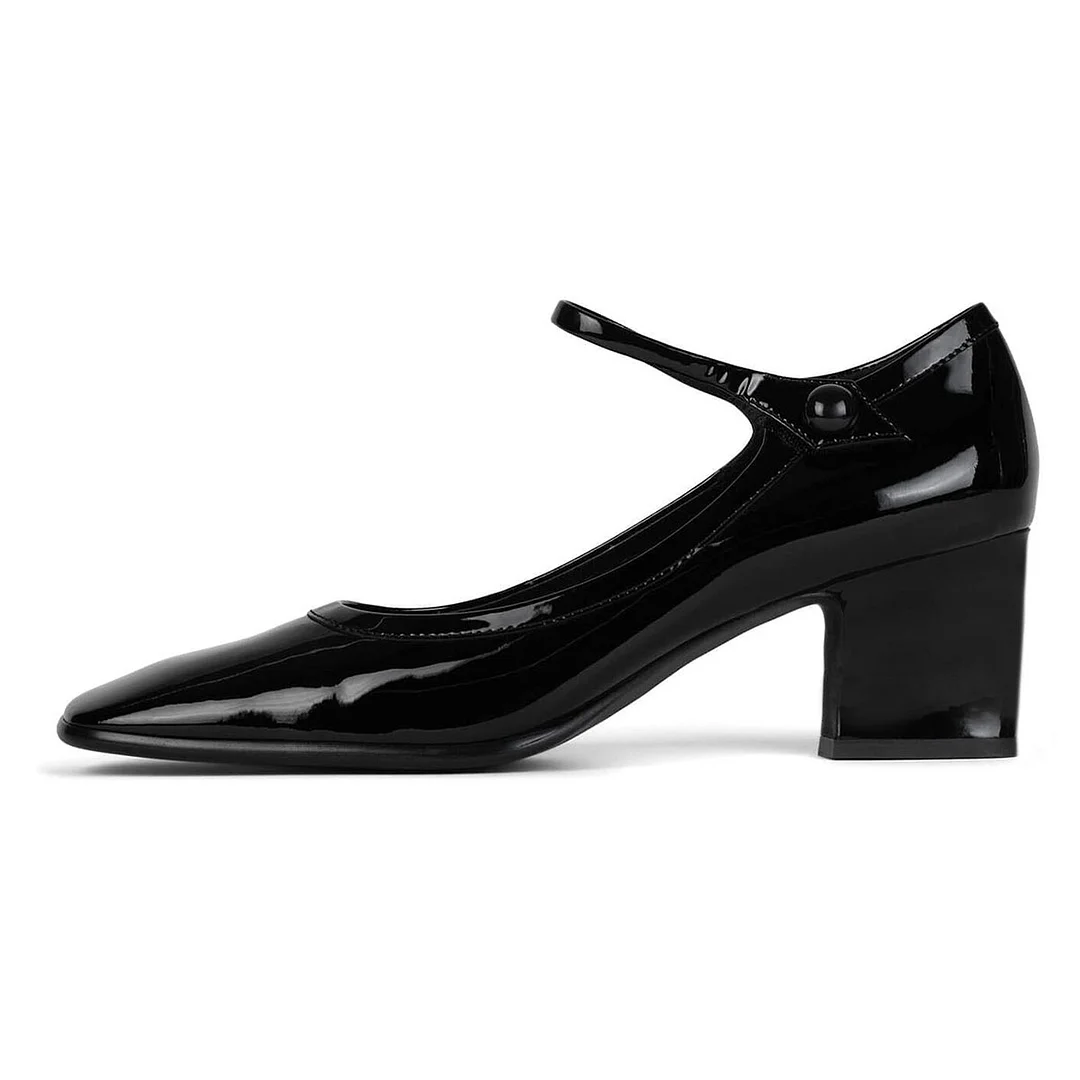 Simple Black Patent Leather Chunky Heel Square Toe Mary Jane Shoes
