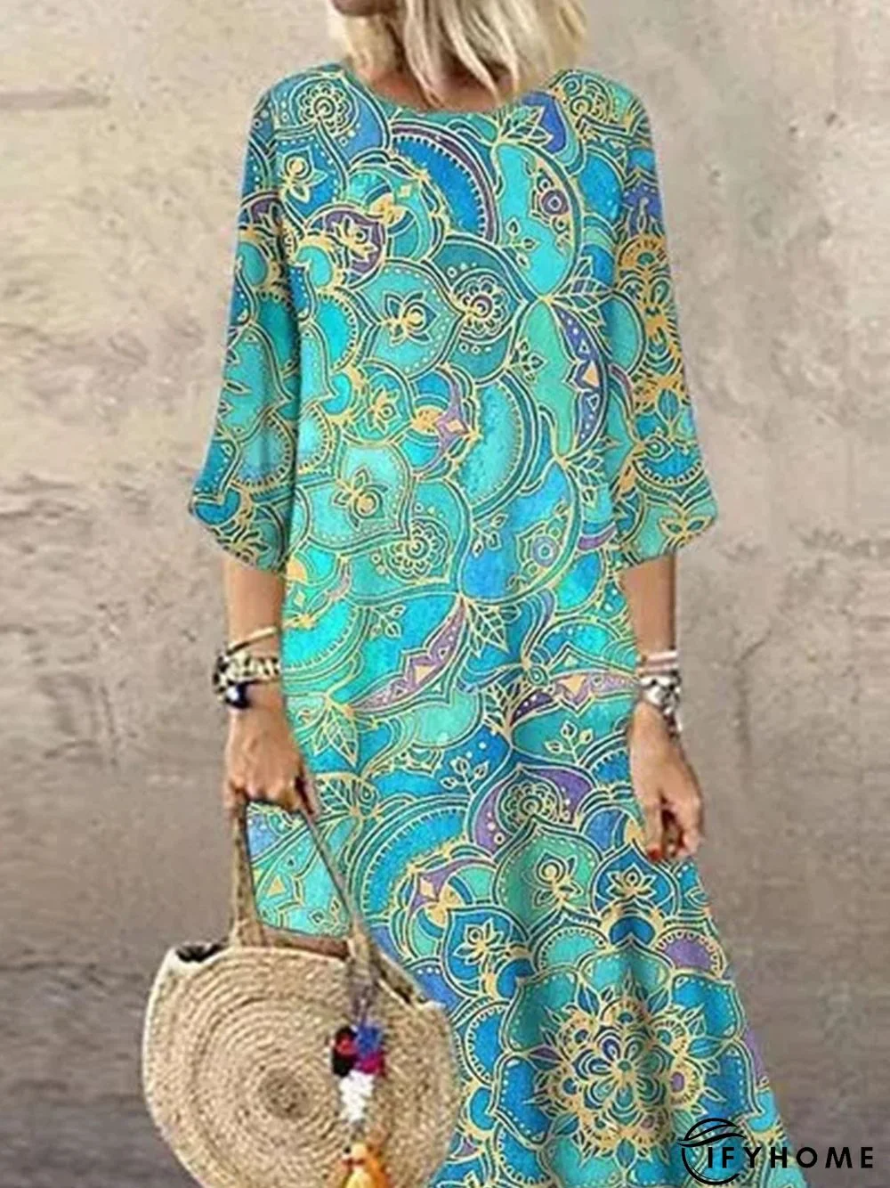 Elegant Floral Tunic Round Neckline Shift Dress | IFYHOME
