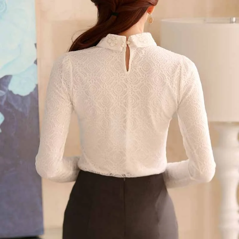 Elegant Plus Size Women Fashion Womens Tops and Blouses White Lace Flower Blouse Shirt Long Sleeve Women Shirts Blouse 812B 50