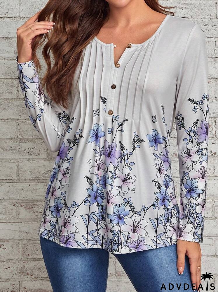 Floral Print Button Front Tee