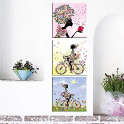 HAOCHU 3pcs/set Colorful Modern Girl Flower Butterfly Bicycle Dress Love Poster Living Room Decoration Spray Canvas Painting