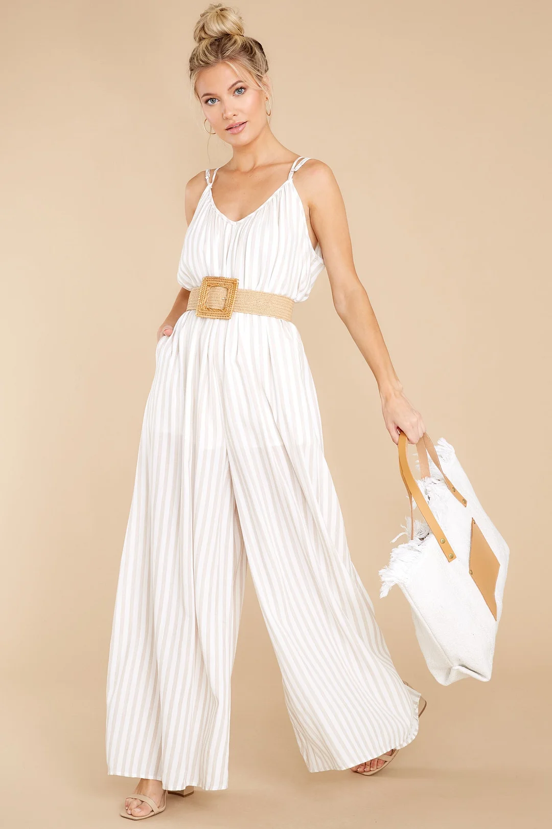 Contagious Smiles Beige Stripe Jumpsuit