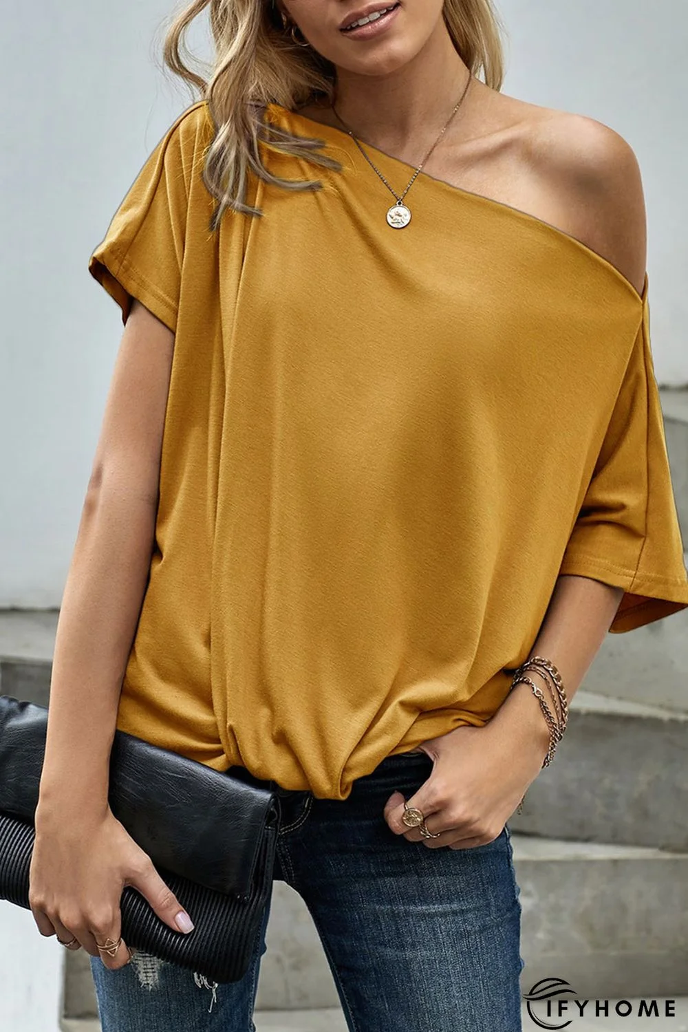 Yellow Off-The-Shoulder Slash Neck Casual Loose Fitting Top | IFYHOME