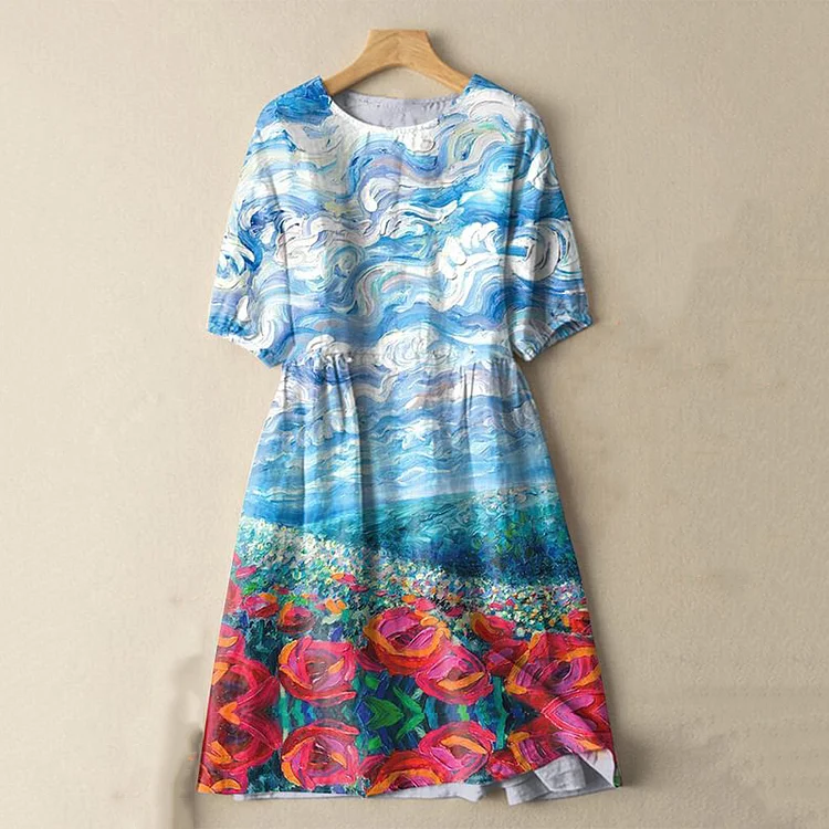 VChics Japanese Spring Blue Sky Flower Oil Painting Print Cotton Linen Blend Midi Dress