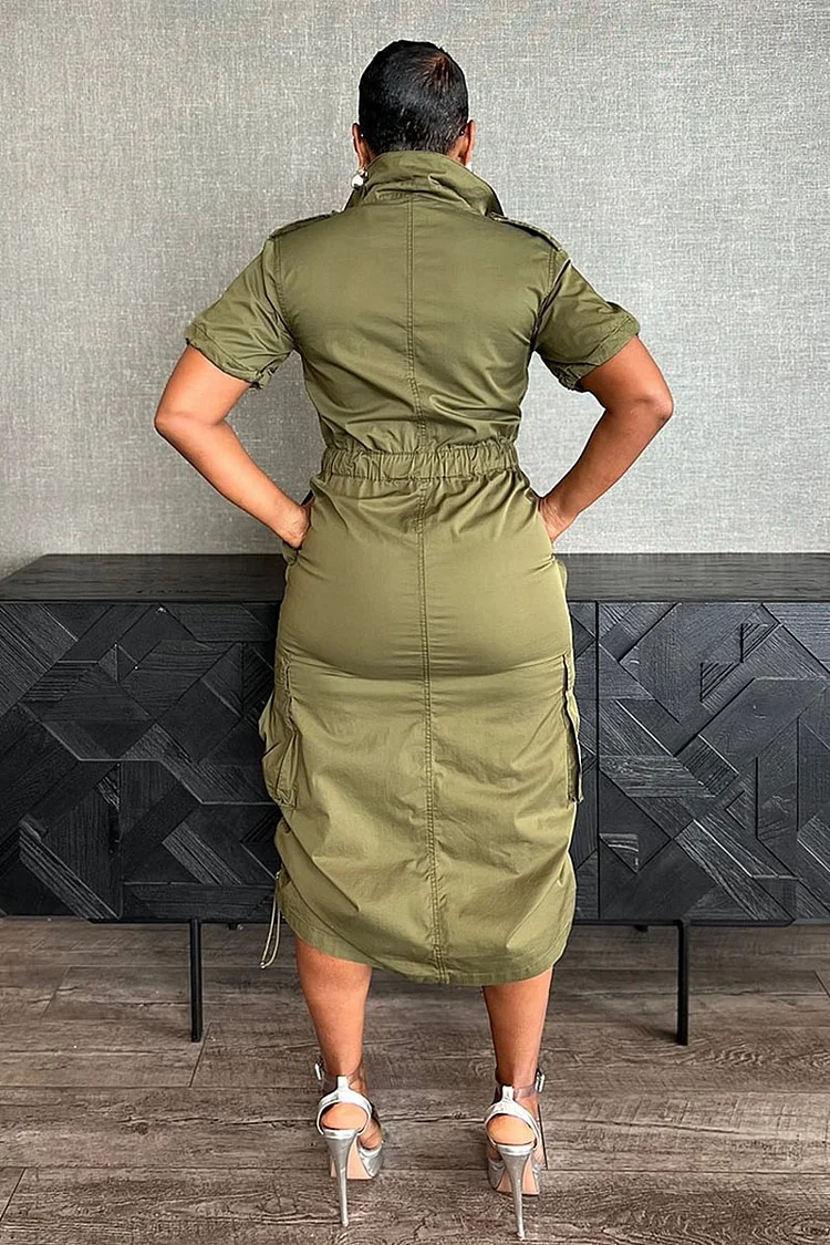 Stand Collar Zipper Drawstring Waist Pocket Midi Dresses-Green