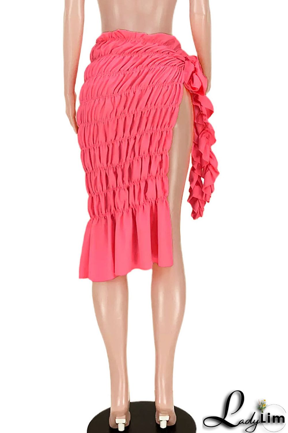 Fluorescent Pink Sexy Street Solid Split Joint Fold Mid Waist Straight Solid Color Bottoms