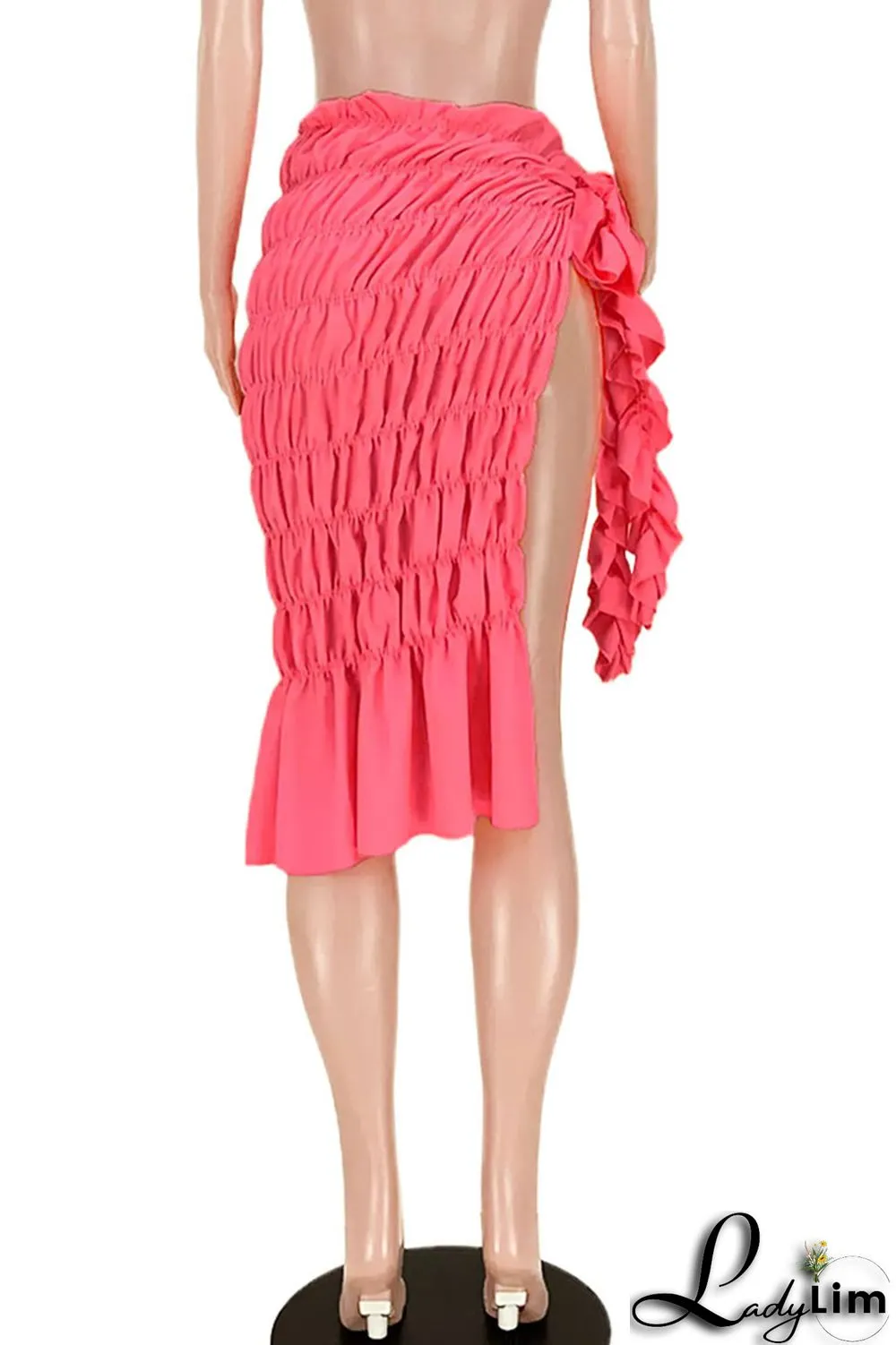 Fluorescent Pink Sexy Street Solid Split Joint Fold Mid Waist Straight Solid Color Bottoms