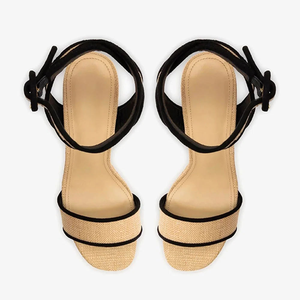 Beige & Black Chunky Heel Buckle Cross Ankle Strap Platform Sandals