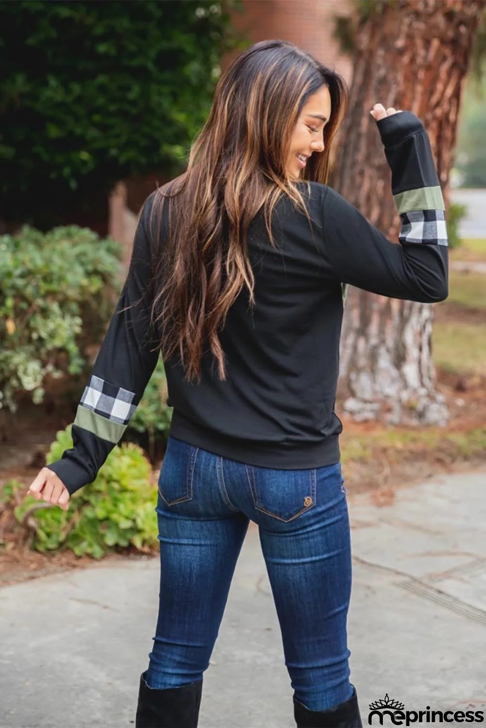 Plaid Splicing Color Block Long Sleeve Top