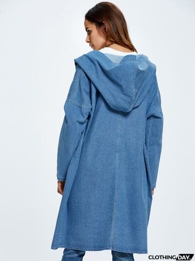 Button Up Dropped Shoulder Hooded Denim Top