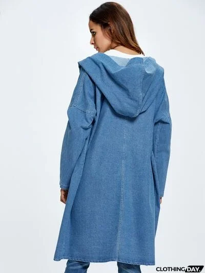 Button Up Dropped Shoulder Hooded Denim Top