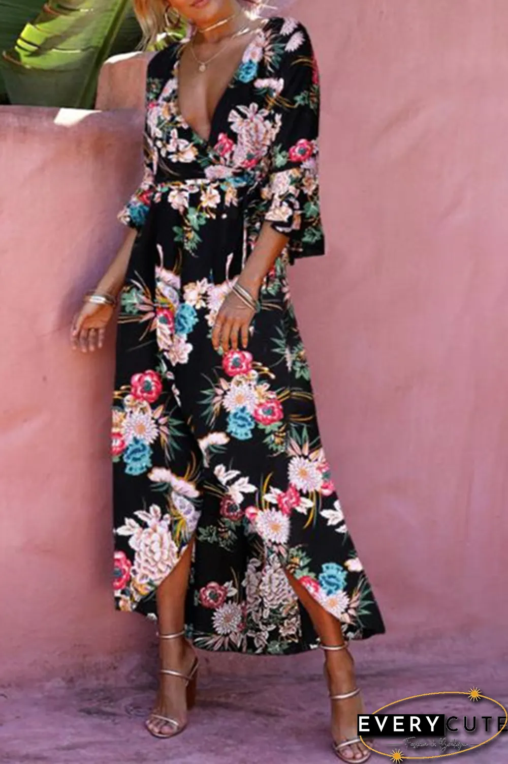 Casual Print Split Joint V Neck Printed Dress Dresses（3 Colors）