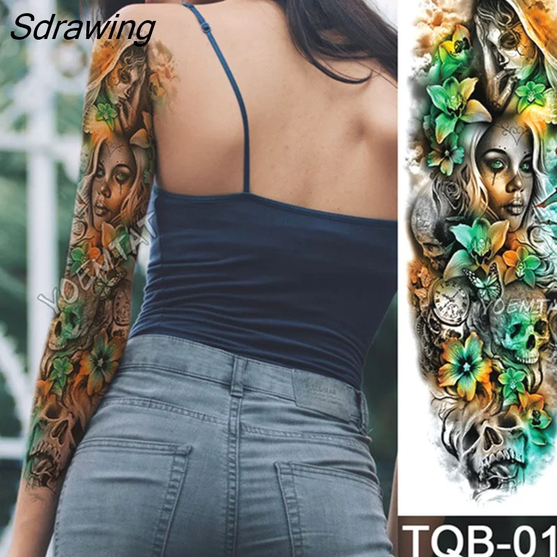 Sdrawing Arm Sleeve Tattoo Japanese Wave Waterproof Temporary Tattoo Sticker Lily Peacock Men Full Tiger Fox Tatoo Body Art Women