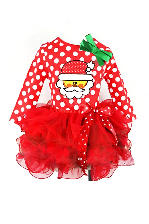 Long Sleeve Polka Dot Santa Print Kids Christmas Costume Dress Red-elleschic