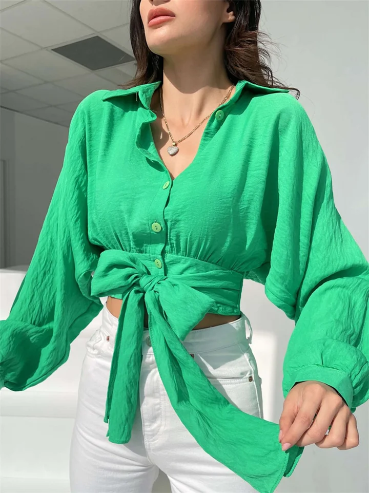 Solid Color Shirt Women's Tie Long Sleeve Cardigan Spring and Summer Navel Loose Blouse Bat Sleeve Women's Clothing-Cosfine