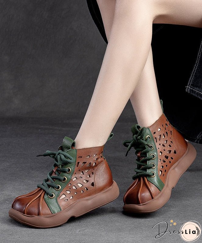 Retro Brown Cowhide Leather Splicing Lace Up Boots