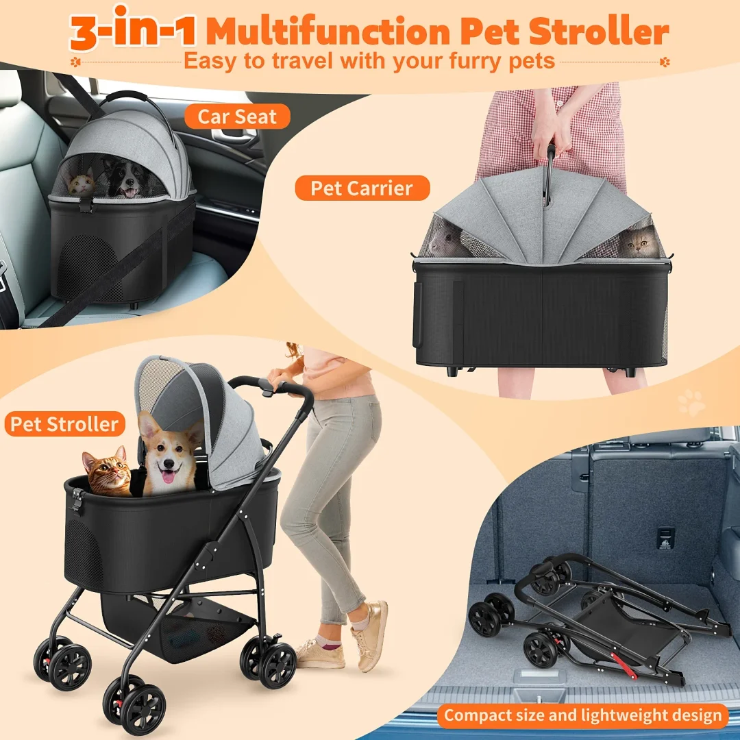 BEBANG Pet Stroller with 4 Wheels, 3-in-1 Folding Dog Cat Stroller, Removable Travel Carrier for Small Medium Pet up to 55lb