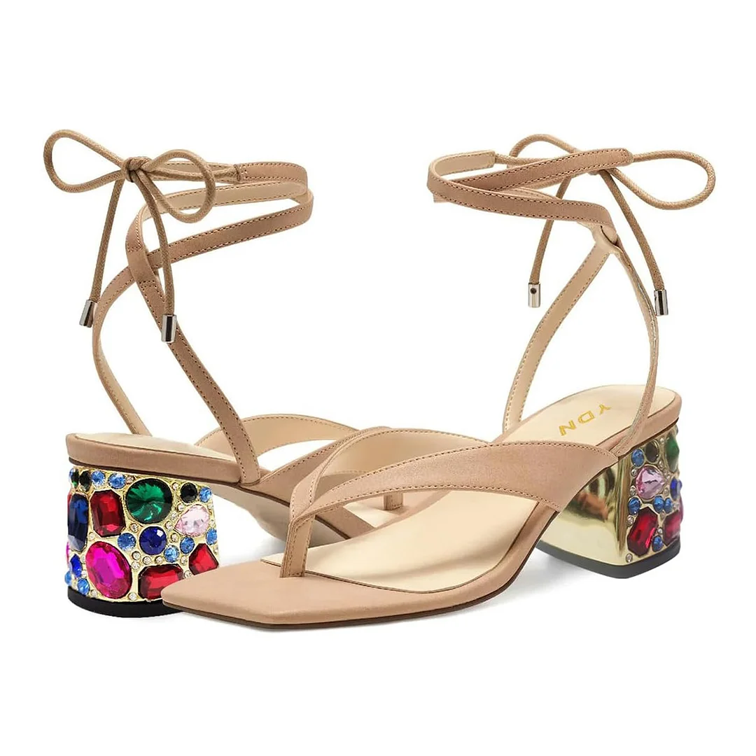 Nude Open Square Toe Flip Flop Design Lace Up Sandals with Block Heel