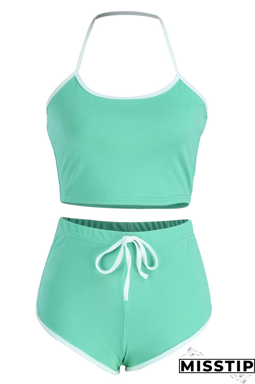 Green Fashion Casual Solid Patchwork Backless Halter Sleeveless Two Pieces