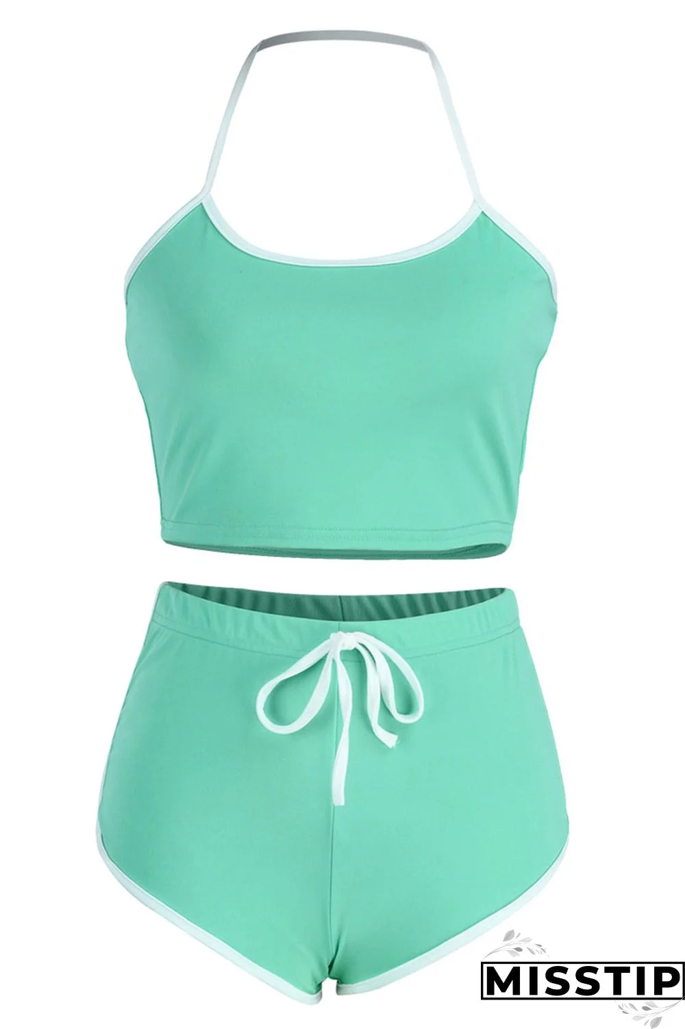 Green Fashion Casual Solid Patchwork Backless Halter Sleeveless Two Pieces