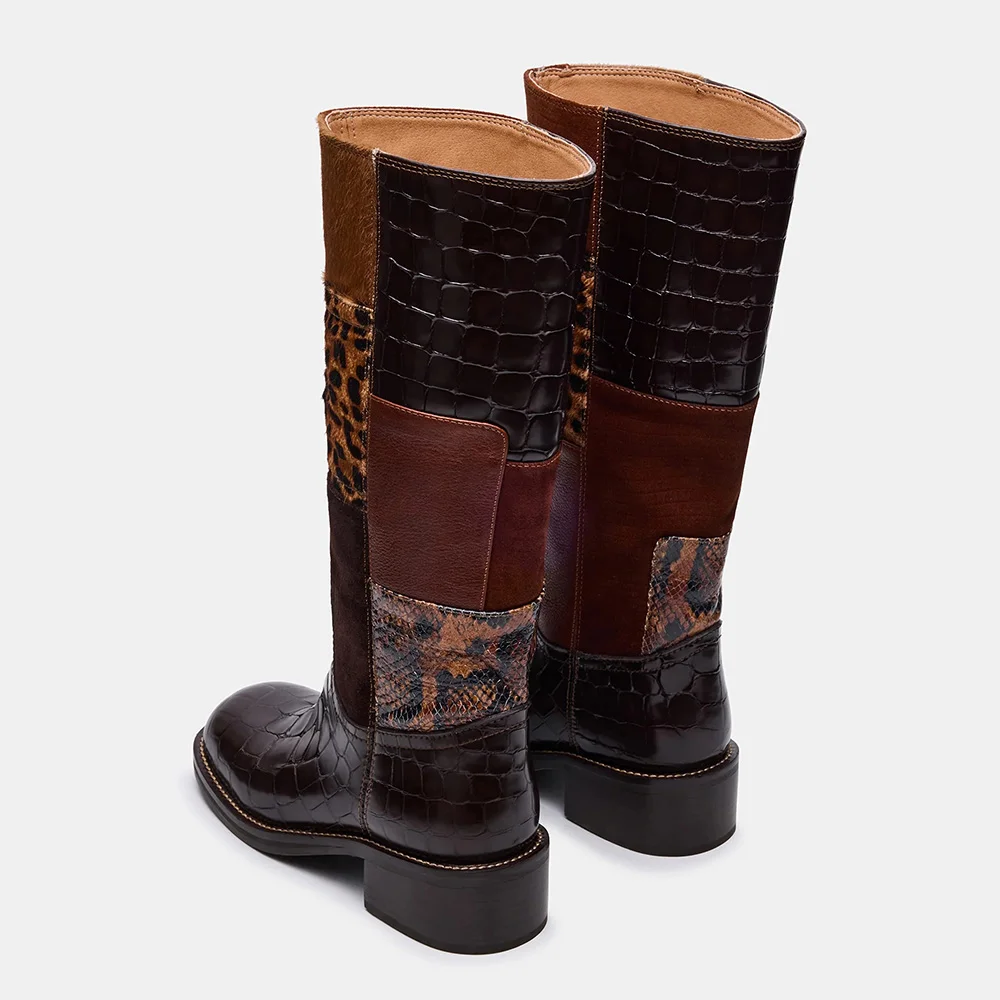 Multicolor Square Toe Chunky Low Heel Patchwork Knee High Boots