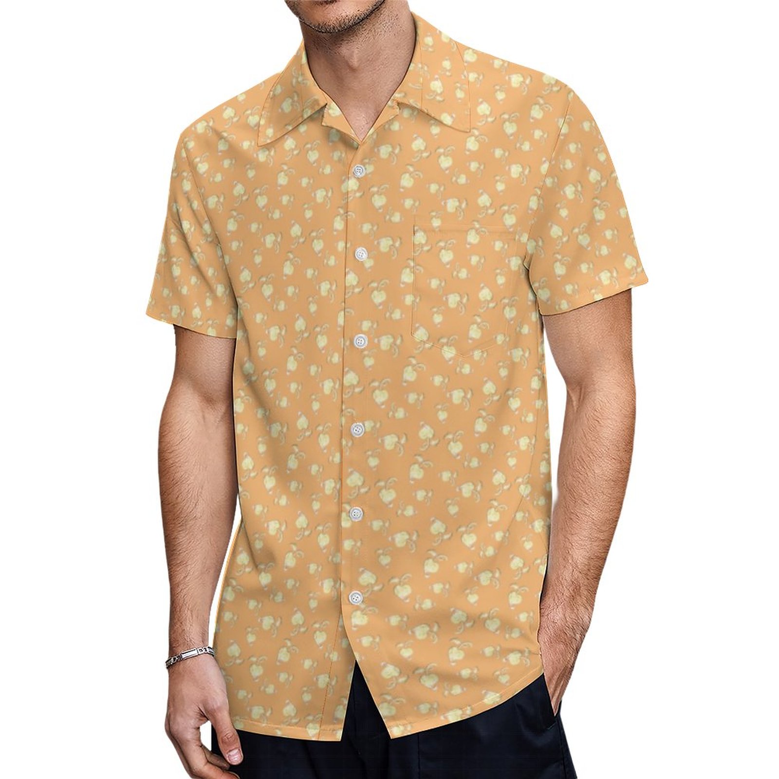 Champagne Heart Shaped Leaf Pattern Over Orange Hawaiian Shirt Mens Button Down Tropical Hawaii Beach Shirts