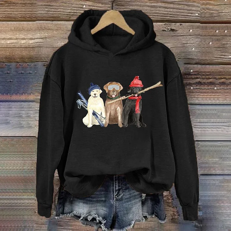 Women's Ski Puppy Print Casual Hooded Sweatshirt