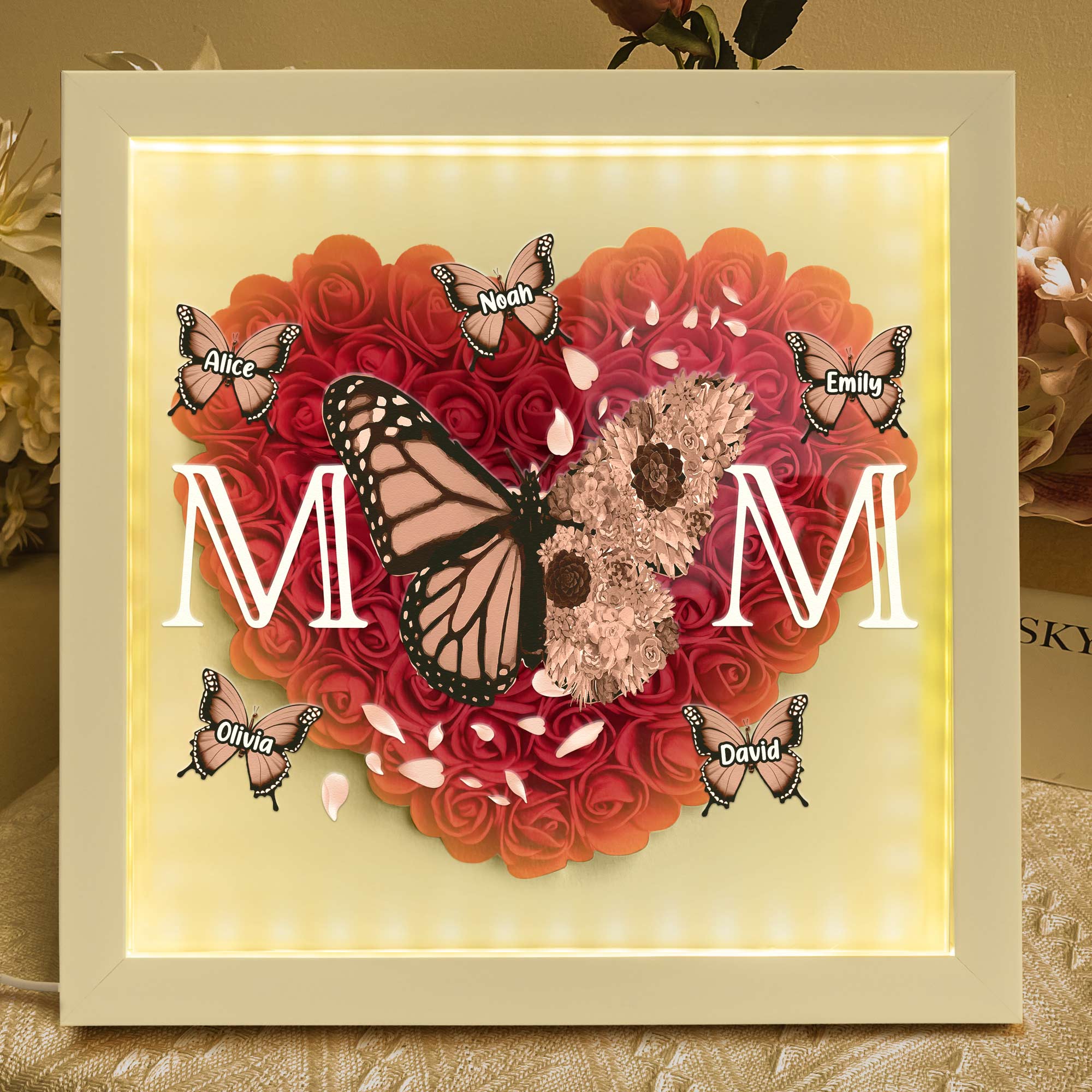 Loveyoufancy Mom - Butterfly Version - Personalized Flower Shadow Box With LED Light