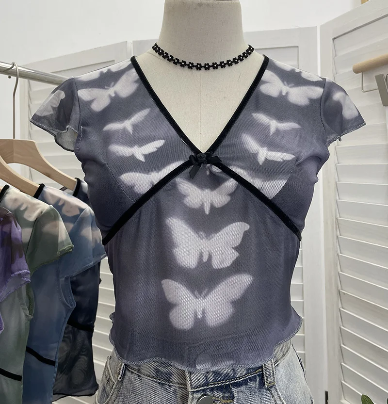 Uveng Sexy Hottie V-Neck Butterfly Print Short-Sleeved T-Shirt Slime Short-Navel Net T-Shirt Girl 9920