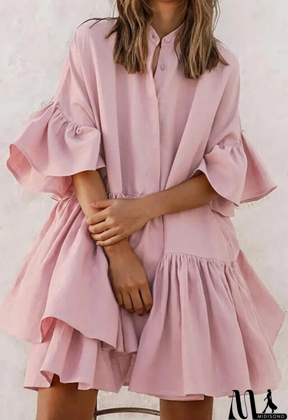 MidiSono - Summer Casual Pink Ruffles Flare Dress