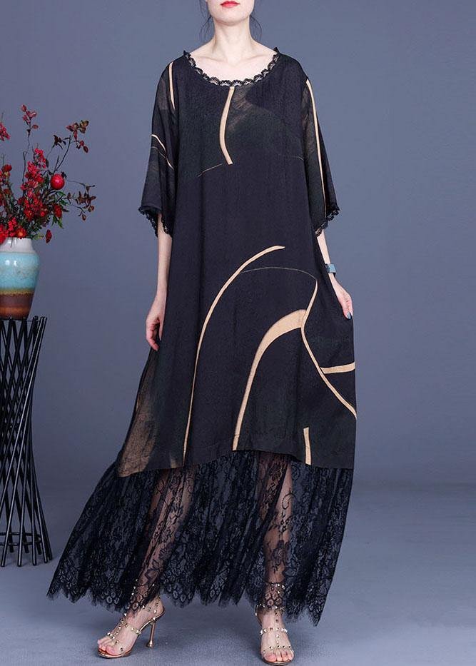 Natural Black Silk Print Patchwork Lace Vacation Dresses Summer