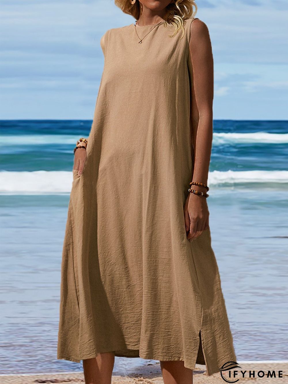 Loose Button Sleeveless Crew Neck Solid Color Vintage Dress | IFYHOME