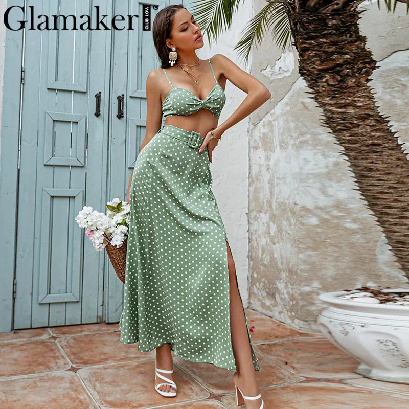 Glamaker 2 piece sets women dress Tube top and straight skirt sets Dot printed Bohemia beach dress Sexy green high split dress