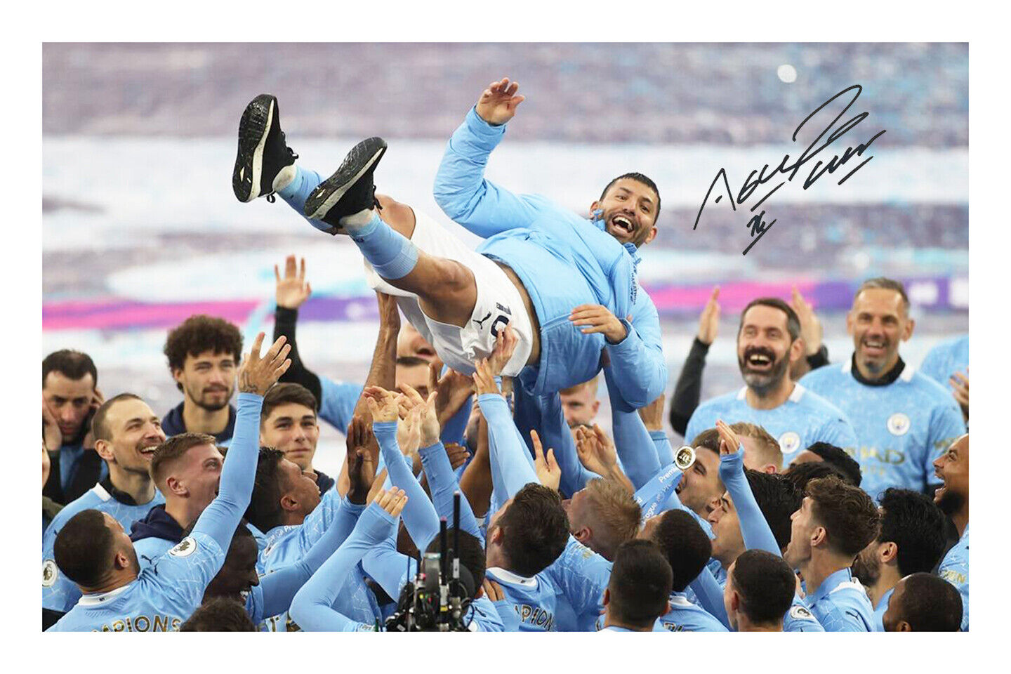 Sergio Aguero Signed A4 Photo Poster painting Print Autograph Manchester City 2020/21 Champions