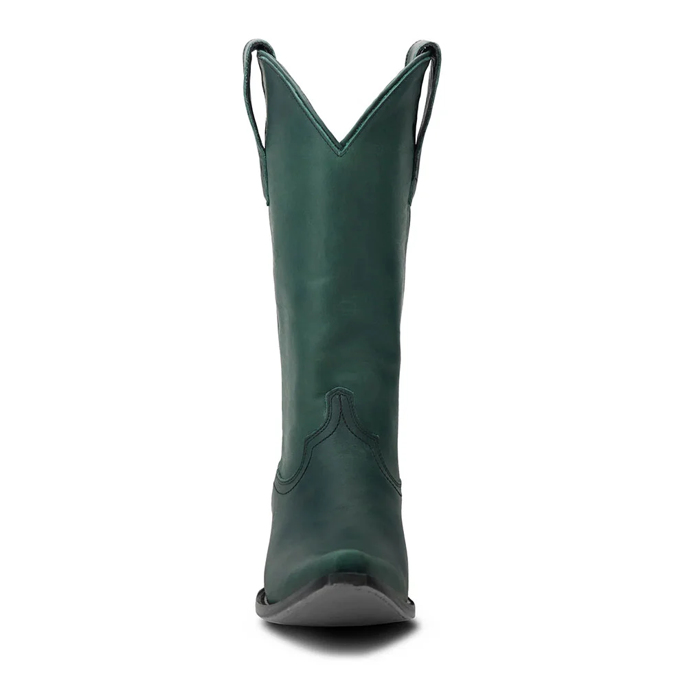Women's Green Snip Toe Chunky Low Heel Pull On Cowgirl Boots