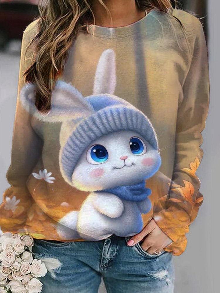 Women's Cute Rabbit Print Long Sleeve Round Neck Sweatshirt