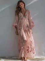Boho Pink Roses Floral Embroidered Linen Maxi Dress