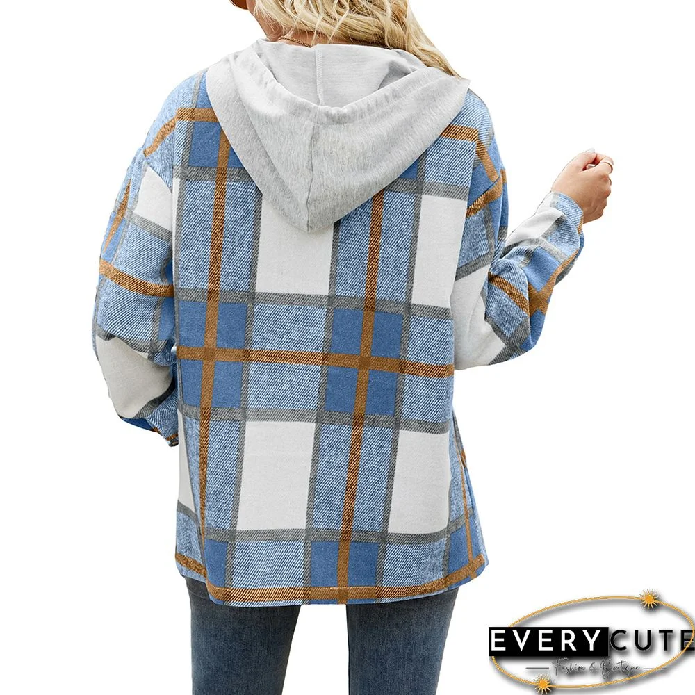 Light Blue Woolen Plaid Print Hooded Coat with Pocket