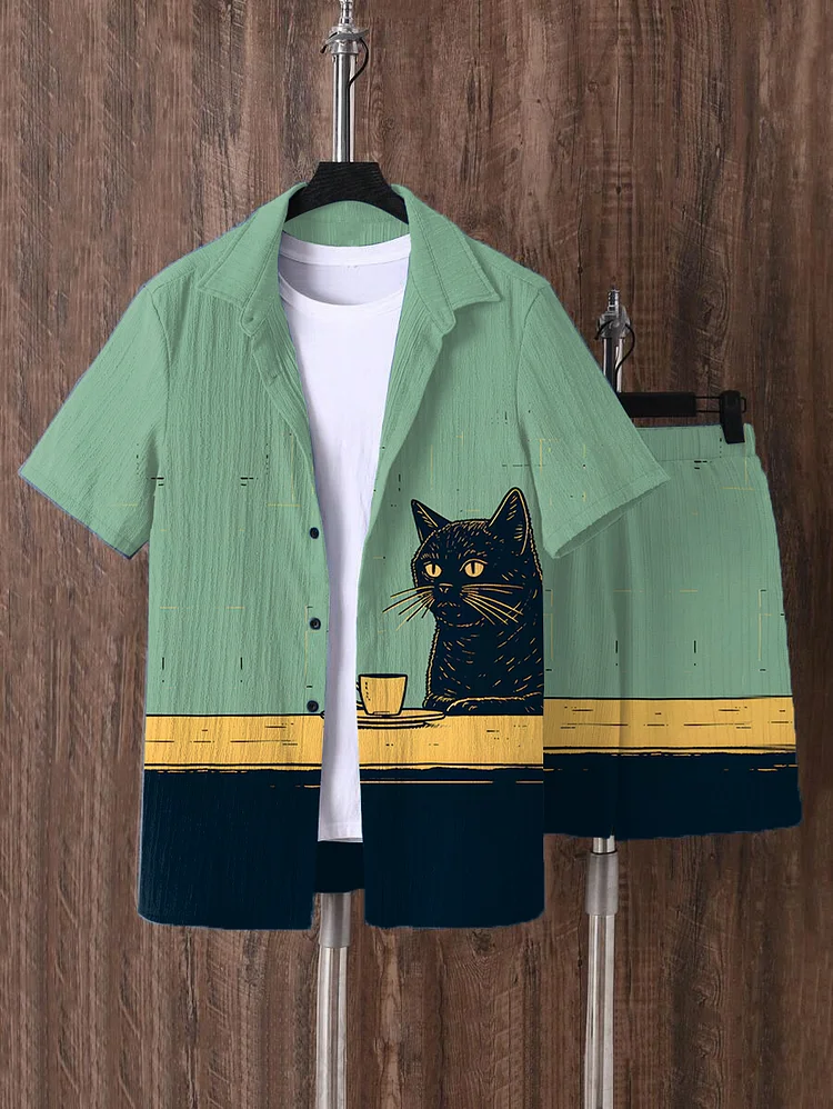 Men's Black Cat Drinking Coffee Print Short Sleeve Shirt Set